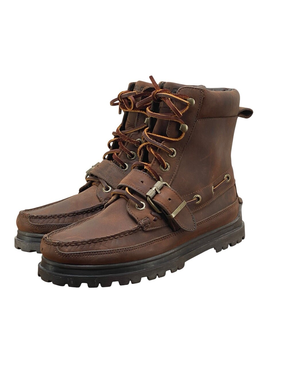 Polo Ralph Lauren Ranger Boots Brown Leather Moc Toe Buckle Lug Sole Men's 9.5D